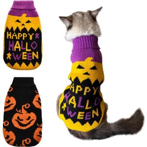Vehomy 2Pcs Dog Cat Halloween Sweaters Dog Pumpkin Sweater Dog Cat Pumpkin Turtleneck Knitwear Shirt Dog Puppy Halloween Costume Clothes for Small Medium Dogs Cats M