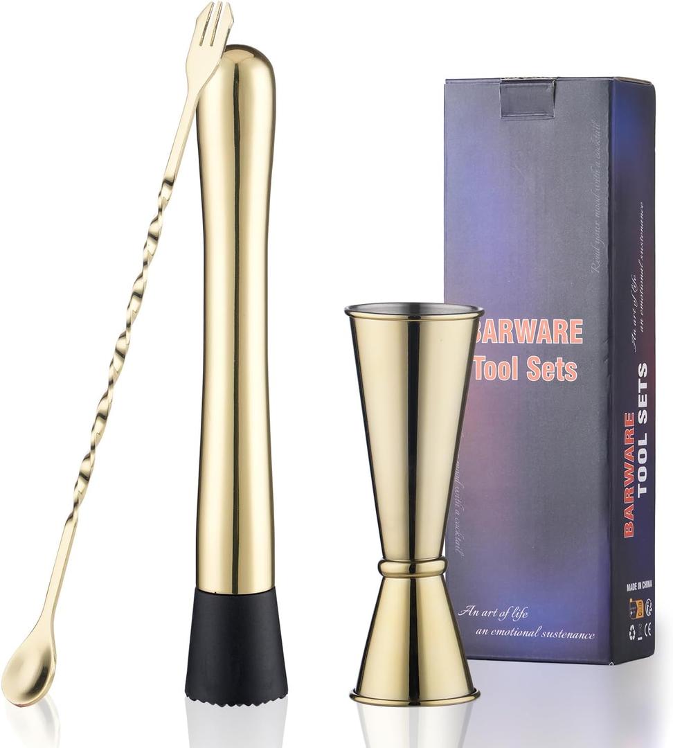 Gold Muddler for Cocktails, 10 Inches Bar Spoon, 1 oz 2 oz Double Jigger- Premium 3 Piece Gold Mixing Tools Set for Drinks