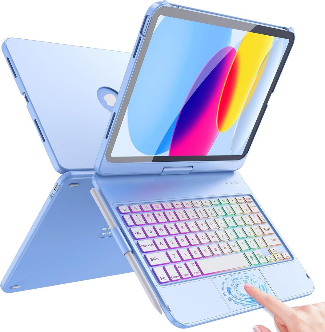 FUWANG Touch Keyboard Case for iPad (A16) 11th Generation 11 inch 2025&10th Gen 10.9 inch 2022, 360 Rotate for iPad 10th Generation Case with Keyboard, Backlit Keyboard Case with Pencil Holder, Blue