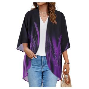 Women's Floral Kimono Print Puff Sleeve Loose Cardigan Cover Up Casual Blouse Tops (Turbo Purple Black, 2XL)