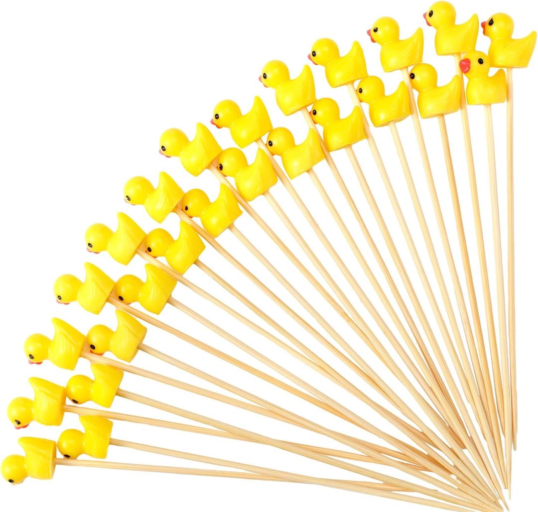 Chengu 100 Pcs Cute Duck Cocktail Picks Cupcake Picks Bamboo Toothpicks Resin Duck, Fancy Toothpicks for Appetizers Cocktail Skewers Sticks for Garnish Food Fruit Drink Hawaiian Tropical Party
