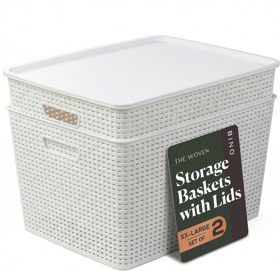 BINO | Plastic Storage Baskets with Lids, 45 Liter - 3 Pack, White | THE WOVEN COLLECTION | Storage Basket for Shelves | Woven Storage Baskets for Organizing Bins Pantry Shelf Organizer Container Bin