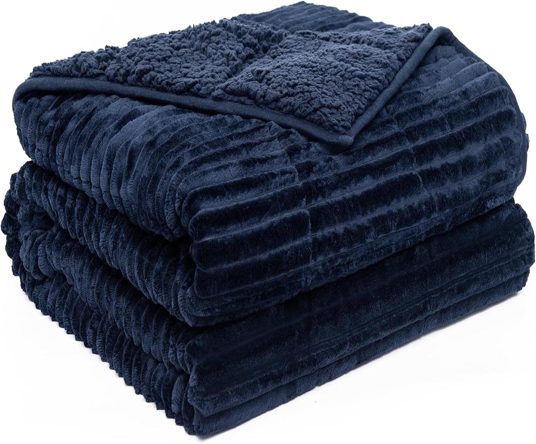 Sherpa Fleece Adult Weighted Blanket with Ribbed Stripes, 15 Pounds Dual Sided Soft Plush Blanket for Couch Bed Sofa, Heavy Thick Blankets with Ceramic Beads Great for Sleep, Navy Blue, 48" x 72"