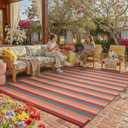 PureCozy Outdoor Waterproof Patio Rug 8x10 Plastic Straw Reversible Outside Orange Red Colorful Striped Carpet Lightweight Large Rug for Camping RV Porch Deck Balcony Beach