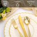 YOUBET 350PCS Ivory Scalloped Plastic Plates - Ivory and Gold Disposable Dinnerware Set Include 100 Plates, 150 Gold Silverware, 50 Cups, 50 Napkins for Wedding & Party