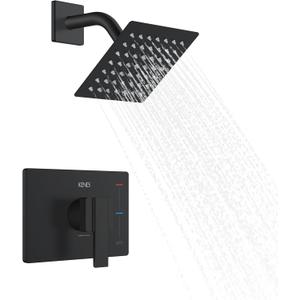 KENES Matte Black Shower Faucet with 6-Inch Shower Head and Handle Set, Square Shower Faucet Set Bathroom Rainfall Shower System Wall Mount, KE-6025B-2 (Shower Valve Included)