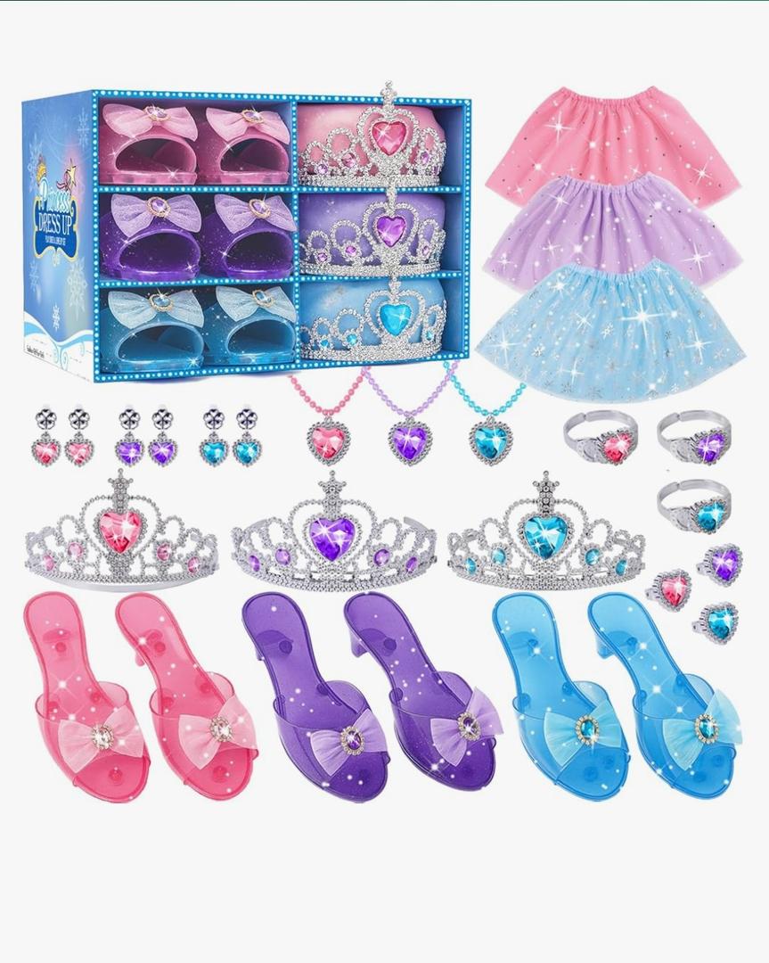 Princess Costume For Girls, Princess Dress Up For Girls 4-6 Years Old, Toddler Dress Up Toys with Tiara, Shoes & Jewelry for Girl Birthday Gift