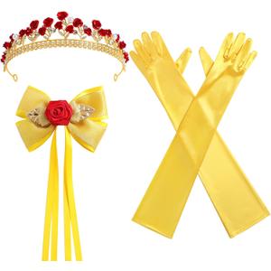 3 Pcs Princess Rose Crown Tiara Hair Bow Yellow Gloves Women Dress Up Party Costume Accessories