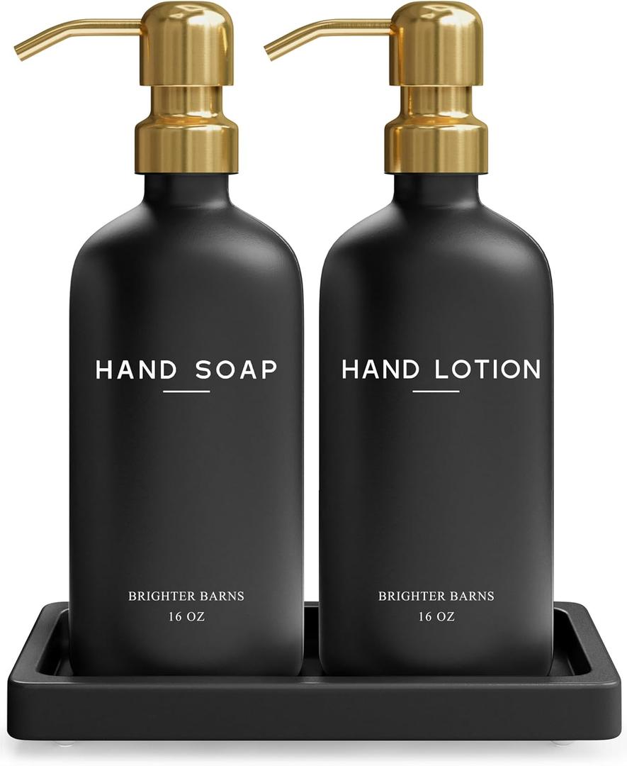 Luxury Glass Soap and Lotion Dispenser Set with Tray by Brighter Barns - Black and Gold Soap Dispenser Bathroom Set - Modern Bathroom Decor for Airbnb, Guest House, Vacation Rental, Gift (Black/Gold)