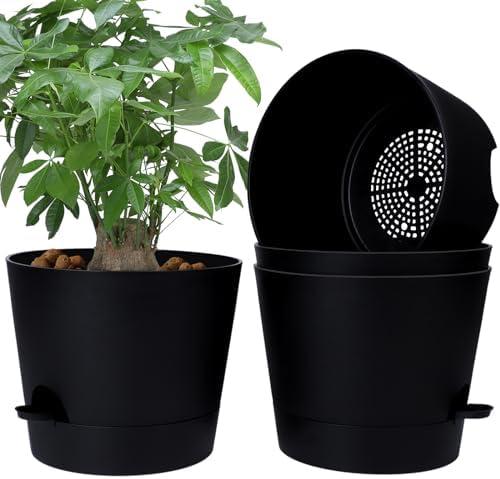 YNNICO 12 Inches Indoor Self Watering Planters with Drainage Holes and Saucers, 4 Pack (Black)