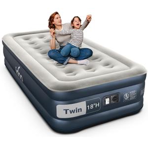 iDOO Twin Air Mattress with Built in Pump, 18" Raised Compact Blow up Mattress, Inflatable Mattress for Camping Guest Home, Portable Travel Air Bed, 2-Min Quick Inflation Deflation, Colchon inflable (Grey)