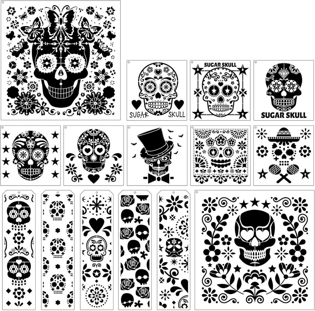 Sugar Skulls Painting Stencils Template - 15 Pcs Day of The Dead Floral Sugar Skulls Traditional Symbols Patterns DIY Stencils Drawing Template Set for Wood Table Clothes T-Shirt Painting DIY Drawing