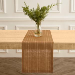 Solino Home Striped Table Runner 90 Inches Long - Pinstripe 100% Pure Linen Camel and White Dining Table Runner 14 x 90 Inch for Father's Day, Summer
