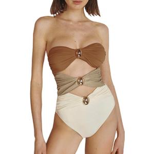 SherryDC Women's Cutout One Piece Swimsuit Bandeau Ruched Color Block High Waisted Bathing Suit with Removable Straps (Medium, 127-brown)