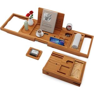 Yirilan Teak Bathtub Tray for Tub, Bath Table Tray for Tub Wood, Bathtub Caddy, Luxury Gift for House Warming, Wedding, Bridal Shower, Anniversary