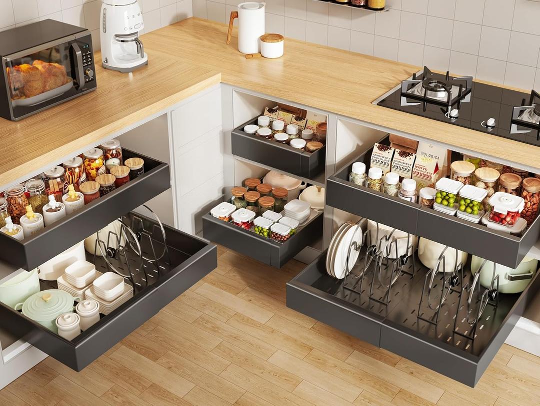 6 Pack Pull out Cabinet Organizer 21"Deep with Raising Pad for Framed Cabinets, Expandable Slide out Drawers for Kitchen Cabinets with 6pcs Divider Racks, Roll out Shelves 12.1"-20.4" W Black