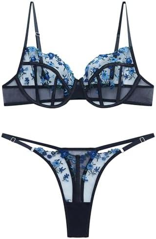 VORIXIA Lingerie Sexy Bra and Panty Set for Women See Through Sheer Underwear Cute Exotic Floral Embroidery Babydoll Suit, Black, L