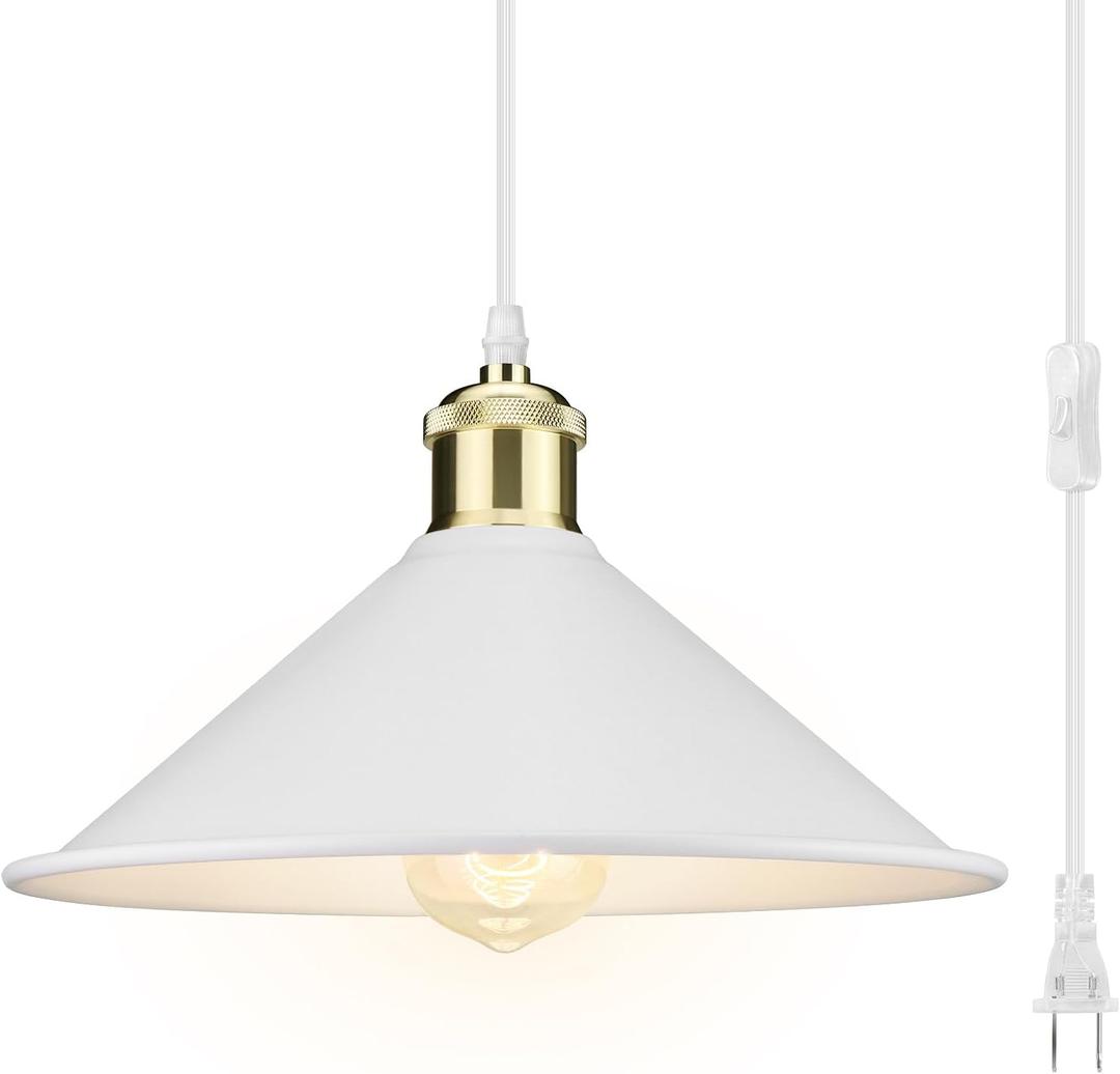 LYOOWNG Plug in Pendant Light, Bigger Hanging Lights with Plug in Cord On/Off Switch, 13FT Industrial Plug-in Hanging Light, Vintage Pendant Lights Fixture, White
