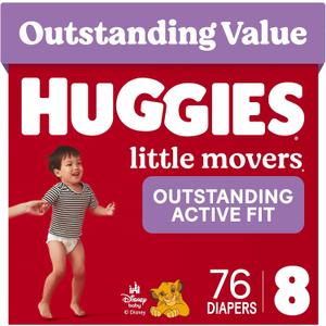 Huggies Little Movers Diapers Size 8, 76 Count (2 Packs of 38)
Double Grip Strips, Blowout Protection, Secure Flexible Fit, Up to 12-Hour Protection, Dry Touch Liner, Wetness Indicator