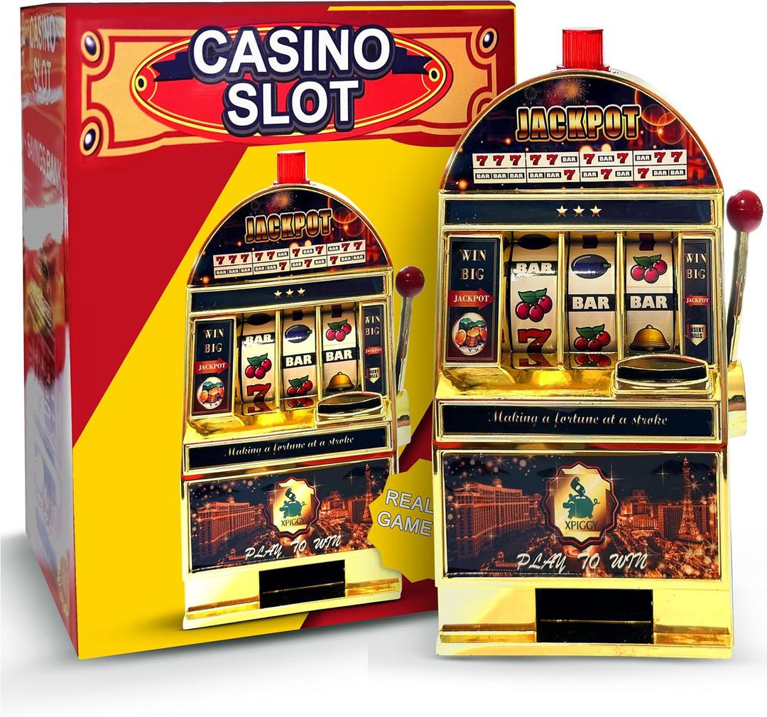 777 Jackpot Toy Slot Machine for Adults  Replica Mini Casino Toy Piggy Bank Replica with Flashing Lights and Jackpot Alert Sounds, Real Fun and Entertaining Game for All at Home, Gold