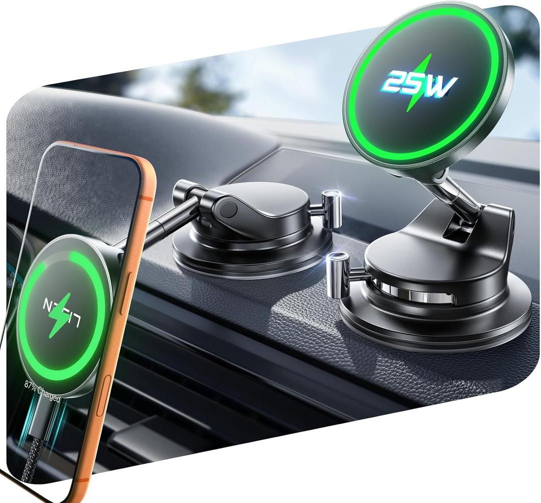 LISEN Qi2.2 25W Magsafe Car Mount Charger,[More Stable & Faster Charging] Suction Cup Phone Mount, Wireless Car Charger 25W Magnetic Car Phone Charger for iPhone 17 16,15W for iPhone 17e 15 14 13 12