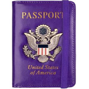 TOURSUIT RFID Blocking Passport Holder for Women Men, Leather Passport Travel Wallet with 3D Metal Badge, Travel Document Holder Cover Accessories (Purple)