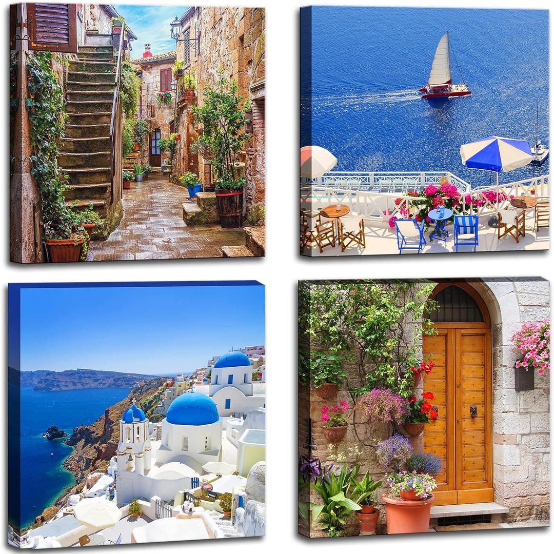 Santorini Greece Canvas Wall Art, Nature Landscape Pictures Print Rustic Scenic Paintings for Bedroom Living Room Office, Wall Decor Modern Artwork (16x16inches*4pcs)