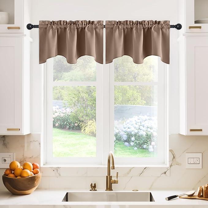 NICETOWN Black Valances for Windows - Energy Efficient Small Short Tiers Scalloped Valance Blackout Curtain Drapes for Dining Room/Living Room/Bathroom/Cafe Window, Set of 2, W52 x L18