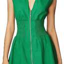 Womens V Neck Summer Dress Cap Sleeve Zipper Mini Dress Smocked Slit Dress with Pockets (Green, XS)