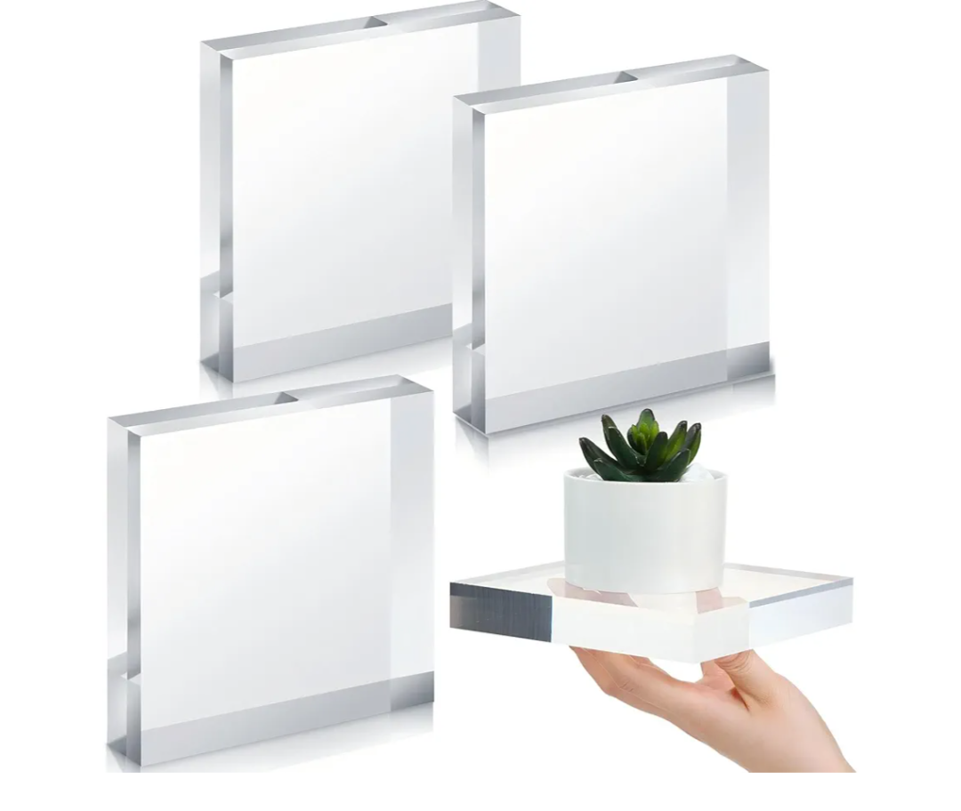 Qunclay 4 Pcs 5 x 5 x 1 Inches Acrylic Square Display Block Clear Polished Acrylic Cubes Jewelry Display Stand for Jewelry Ring Showcase Holder Base Collections