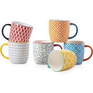 Ceramic Coffee Mugs Set - 10 Oz Large Porcelain Tea Cups with Handle for Cappuccino Latte Cocoa Milk Tea - Christmas Housewarming Gift - Microwave Dishwasher Safe - Set of 6 - Assorted Colors