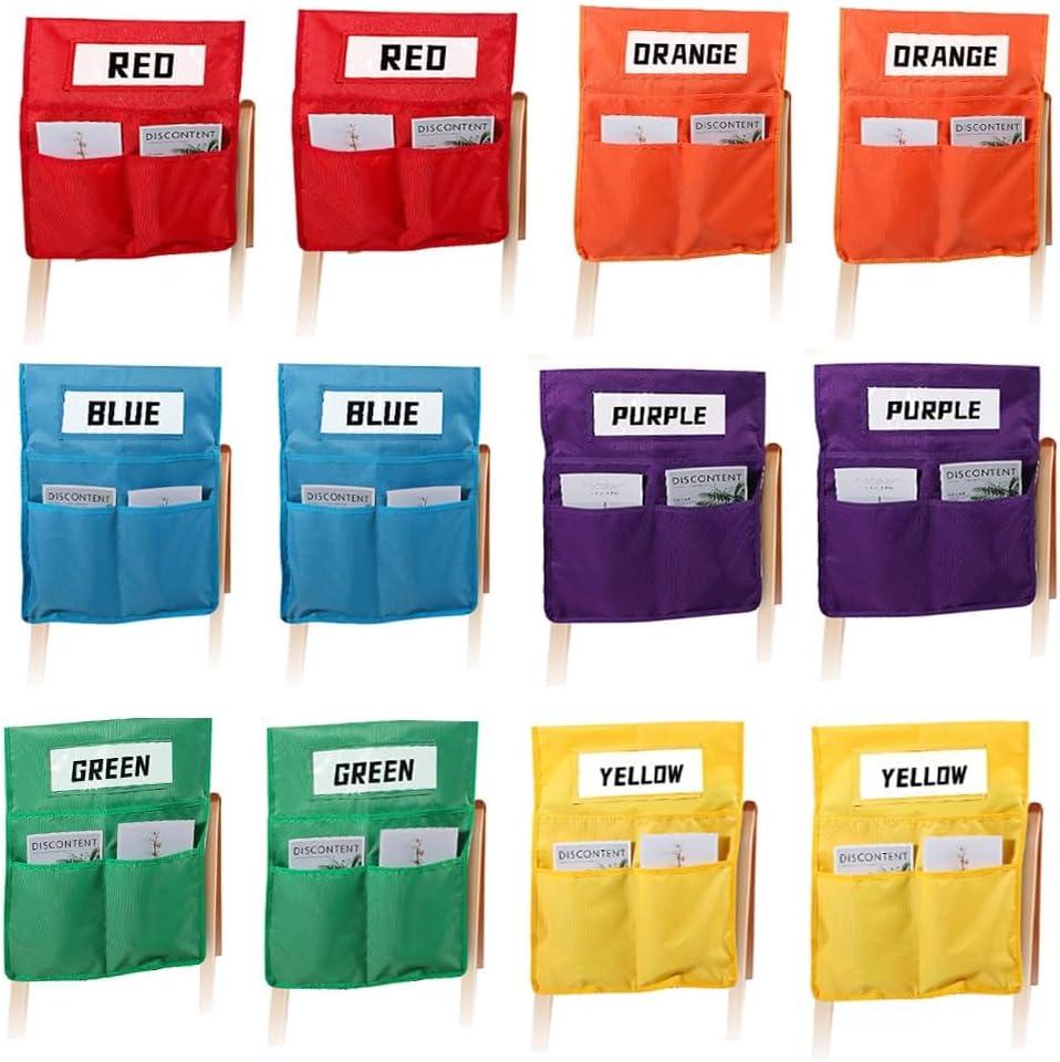 12 Pcs Chair Pockets for Classrooms 16"x19" Large Chair Pockets with Name Tag Oxford Cloth Colorful Chair Storage Bag with 3 Pockets Chair Sacks for Classroom for Keeping Student Book Desk