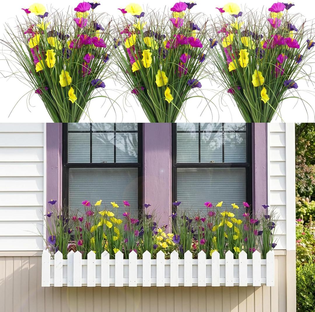 6 Bundles Artificial Flowers for Outdoor, Faux Silk Morning Glory Spring Summer Flowers for Outside Garden Planter Front Porch Yard Patio Window Box & Indoor Table Vase Home Decor (Colorful)