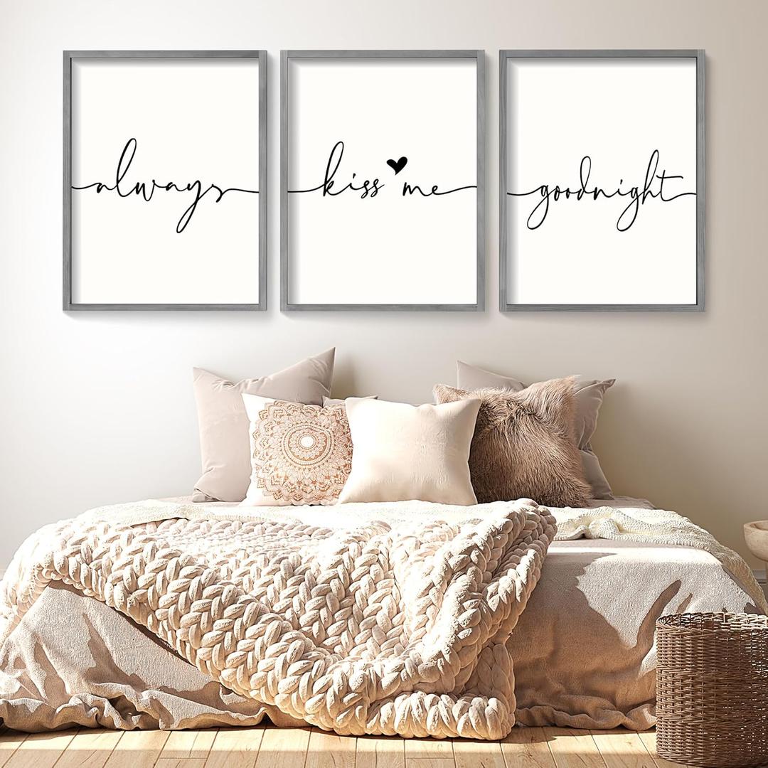 Set of 3 Framed Always Kiss Me Sign 11"x14" Living Room Wall Decor for Farmhouse Rustic Home Wall Art Wood Signs (Gray)