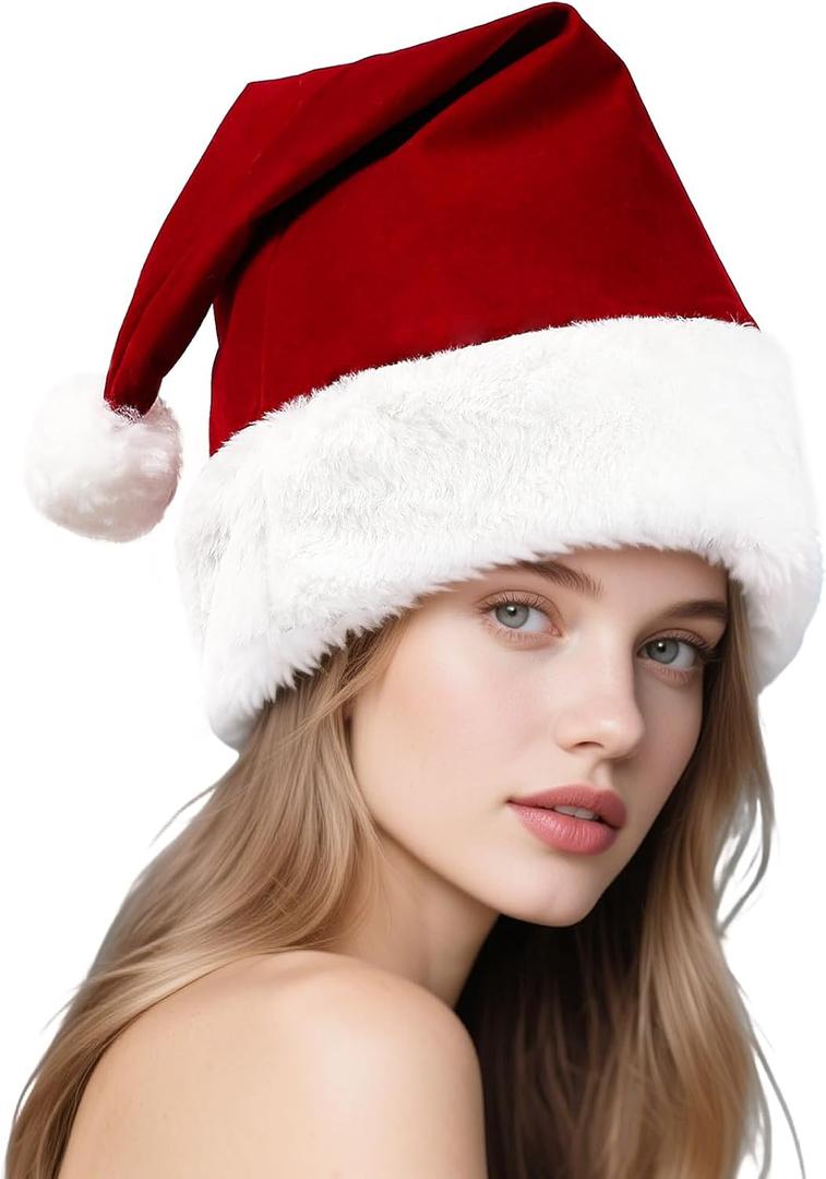 Santa Hat for Adults Velvet Christmas Hat with White Fluffy Trim, Unisex Party Christmas New Year Festive Supplies