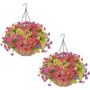 Artificial Flowers Hanging Plants in Basket,Artificial Hanging Flowers for Outdoor Indoor Decor,UV Resistant hanging Baskets with Fake Flowers for Spring Summer Patio Garden Porch Deck Home Decor (2PCS, Multi Color)