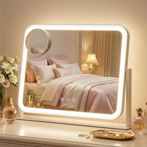 Vanity Mirror with LED Lights, 16.4x12.2 Inch Makeup Mirror, 3-Color Dimmable Touch Screen, 5X Magnification, 360 Rotation, Large Tabletop Mirror for Bedroom Vanity