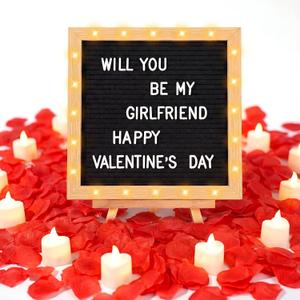 Ceenna Will You Be My Girlfriend Romantic Sign with LED Candles and Artificial Rose Petals, 10 x 10 Inch DIY Felt Letter Wood Board Sign with Lights for Valentine's Day Anniversaries Party Decor