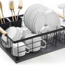 Dish Drying Rack with Stone Drying Mat, Dish Drainer and Diatomaceous Earth Dish Mat, Dish Drainers for Kitchen Counter with Stone Dish Mat