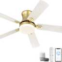YOUKAIN Ceiling Fans with Lights, 52 inch Low Profile Ceiling fan with Remote Control and App Control, Flush Mount, Reversible, Dimmable, Gold Ceiling Fan for Bedroom, Indoor/Outdoor Use, 52-YJ865-GD, Gold & White