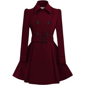 ForeMode Women Swing Double Breasted Wool Pea Coat with Belt Buckle Spring Mid-Long Long Sleeve Lapel Dresses Outwear (Large, Wine Red)