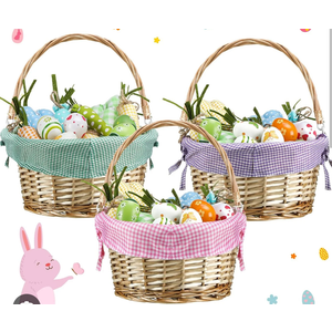 Hushee 3 Pack Willow Easter Basket with Folding Handle Empty Round Woven Easter Basket with Assorted Colors Plaid Liners for Gift Toys Storage Book Adult Boys Girls Bedroom Office