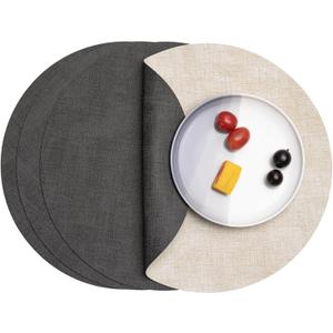 Myir JUN Round Placemats Dual Sided, Faux Leather Place Mats Set of 4 Indoor Placemats for Dining Table Outdoor Placemats Non-Slip Washable Table Mats (Gray Cream-White, Set of 4)
