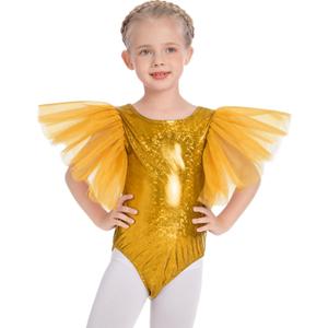 ODASDO Gymnastics Leotard for Girl Tulle Sleeve One Piece Bodysuit Glitter Shiny Metallic Ballet Dance Top Halloween Costume (Gold)