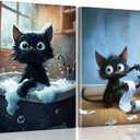 2Pcs Funny Black Cat Bathroom Canvas Wall Art Cute Pets Cat Paintings Pictures Wall Decor Animals Bathroom Poster Printing Artwork for Home Farmhouse Toilet Lavatory Restroom Home Decoration