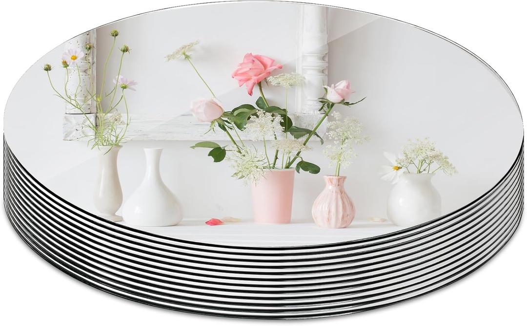 Suwimut Set of 12 Round Mirror Trays, 10 Inch Glass Mirrors Candle Plate Large Circle Mirrors Wall Mount Glass Mirror Tiles for Table Centerpieces, Crafts, Wedding, Party Decorations