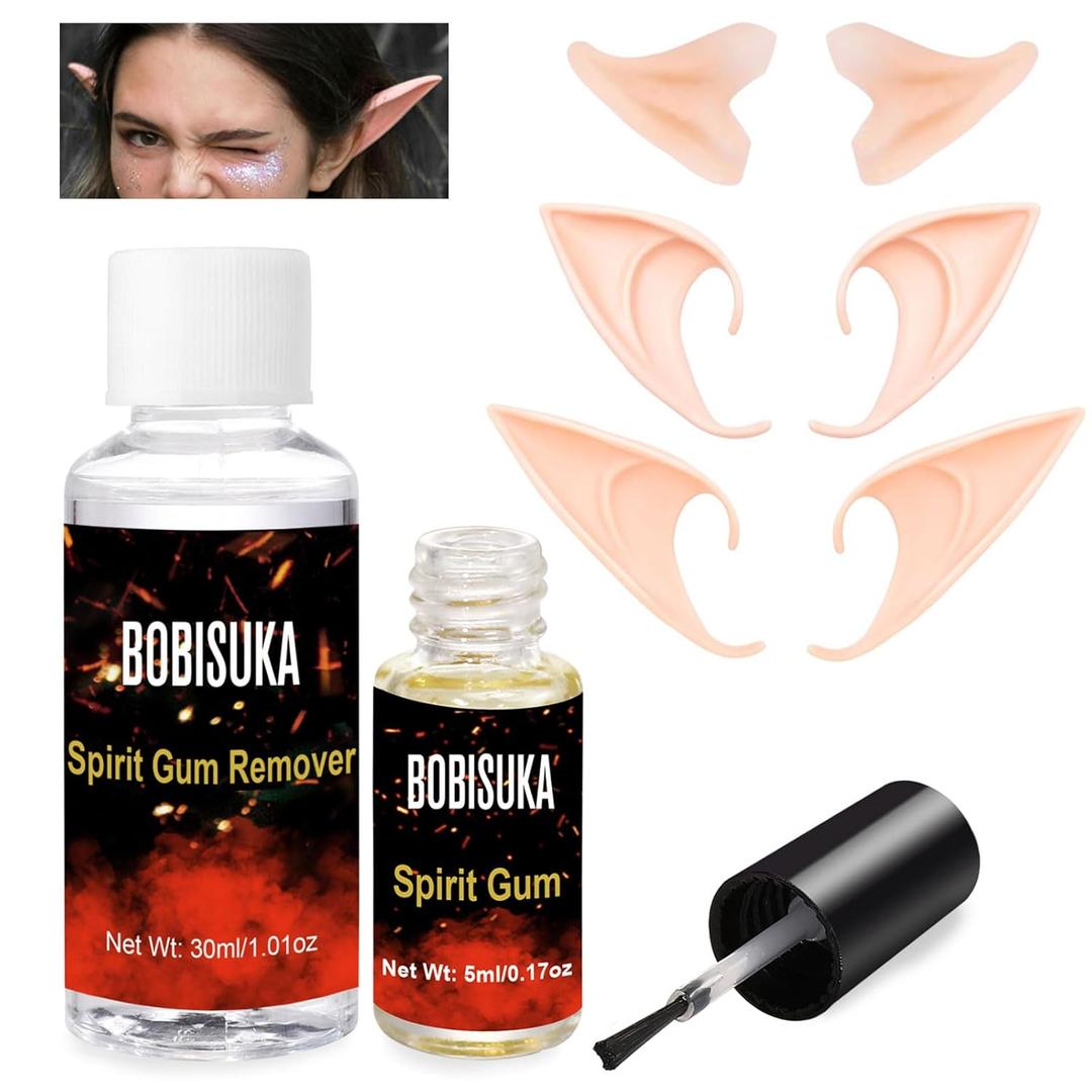BOBISUKA Elf Ears & Spirit Gum Kit - 3 Pairs Soft Latex Fairy Pixie Ears, Makeup Adhesive & Remover- Ideal for Vampire, Elven, & Masquerade Cosplay - Perfect for Halloween & Costume Party
