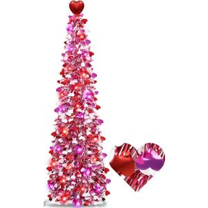 Valentines Day Decorations 5 Ft Valentines Tree with 50 Red&Pink Lights Timer 3 Color Sequin Ornaments Heart Topper Battery Operated Tinsel Christmas Tree Valentine Decor Home Wedding Party Indoor
