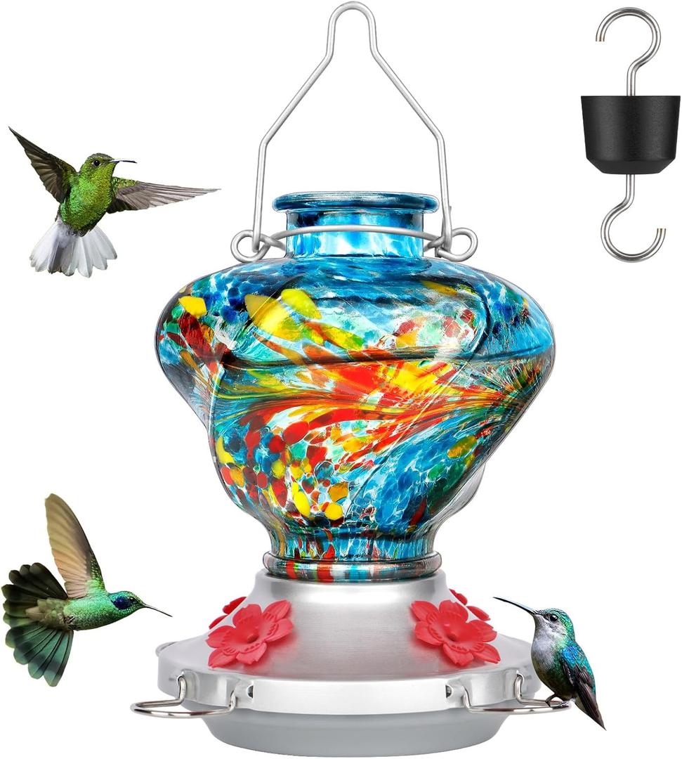 Hummingbird Feeder for Outdoors with Ant Moat, Blue Hummingbird Feeder, Hand Blown Twisted Glass, 4 Bee Guard Feeding Ports with Perch, Outdoor Dcor, 16OZ, Gifts for Mom Wife Dad Men Women