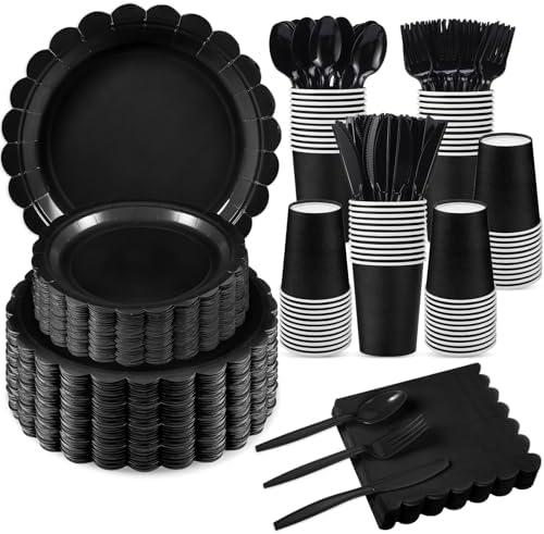 Xiangqu 350 Pcs Black Paper Plates and Napkins, 25 Guest Black Party Supplies Includes Scalloped Party Plates Napkins Cups Plastic Spoons Forks Knives for Birthday, Wedding